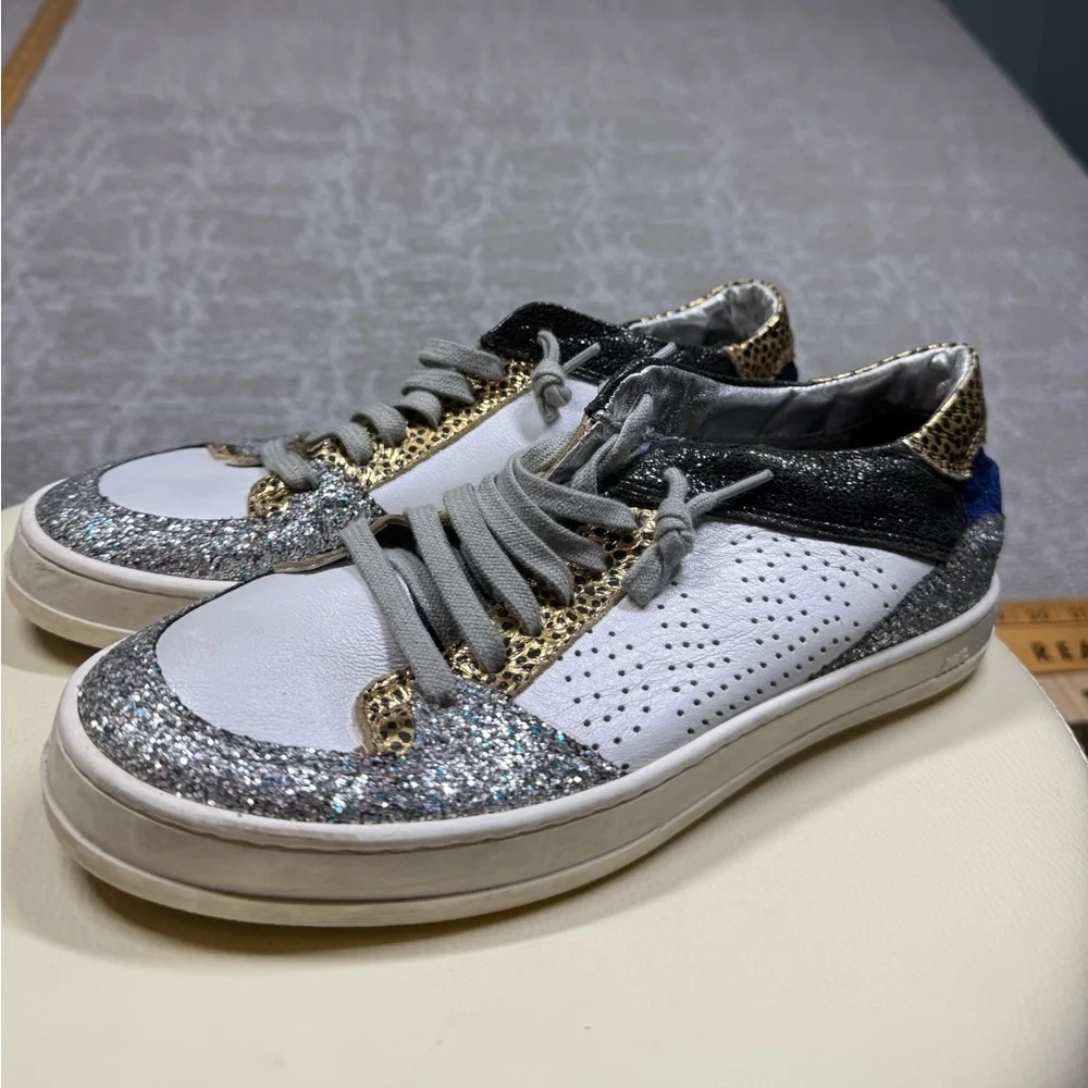 P448 John Sneaker Blue White Glitter Gold Leopard Shoe Womens Eu 37